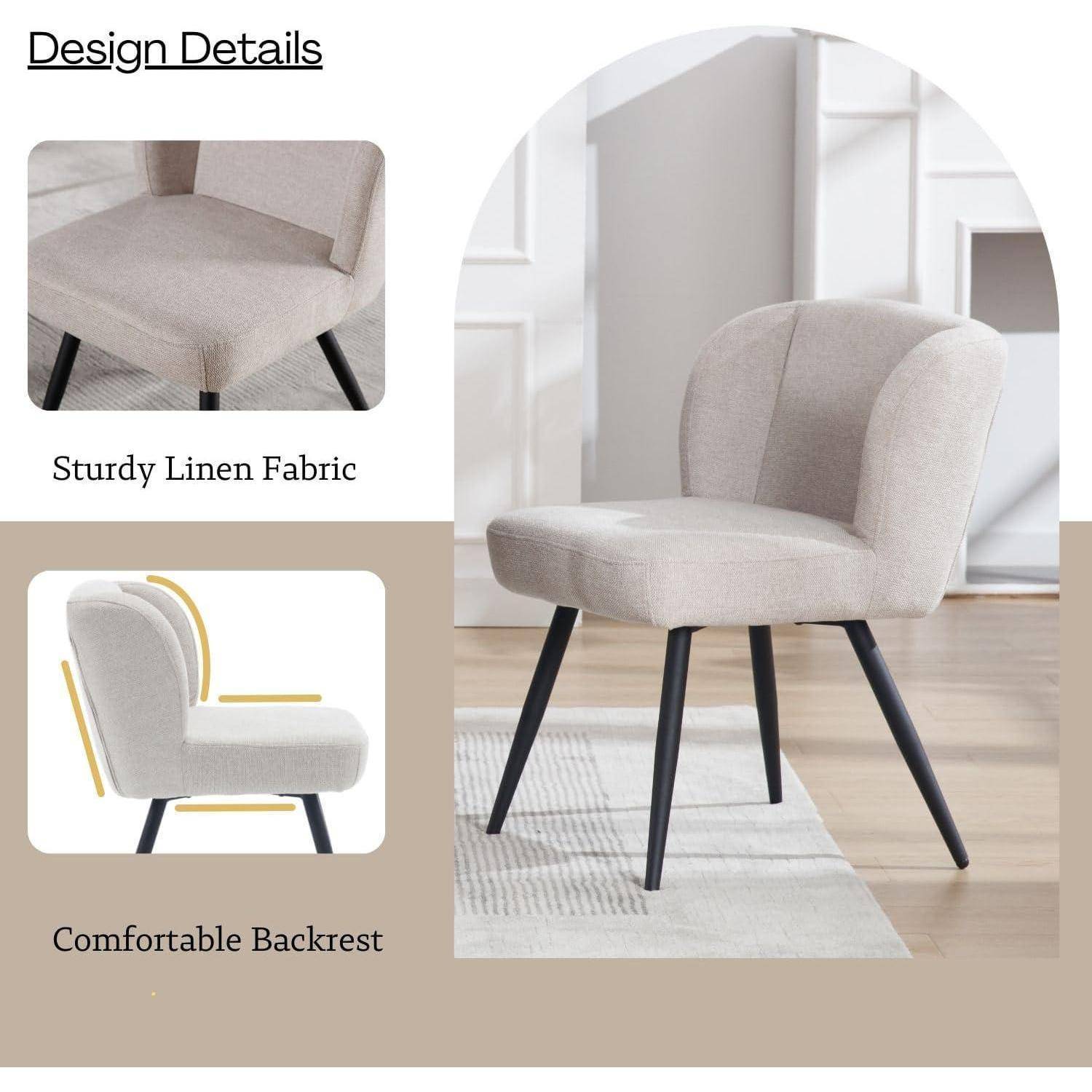 Designdetails zeigen einen beigefarbenen Polsterakzentstuhl mit schwarzen Beinen, der robustes Leinengewebe und eine komfortable Rückenlehne hervorhebt.