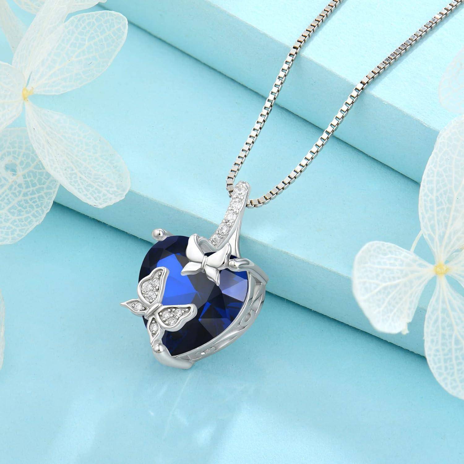 FJ Schmetterling Kette Damen 925 Sterling Silber Herz Geburtsstein Kette Anhänger Schmuck Geschenke für Frauen Mutter Freundin Mama 09 September -