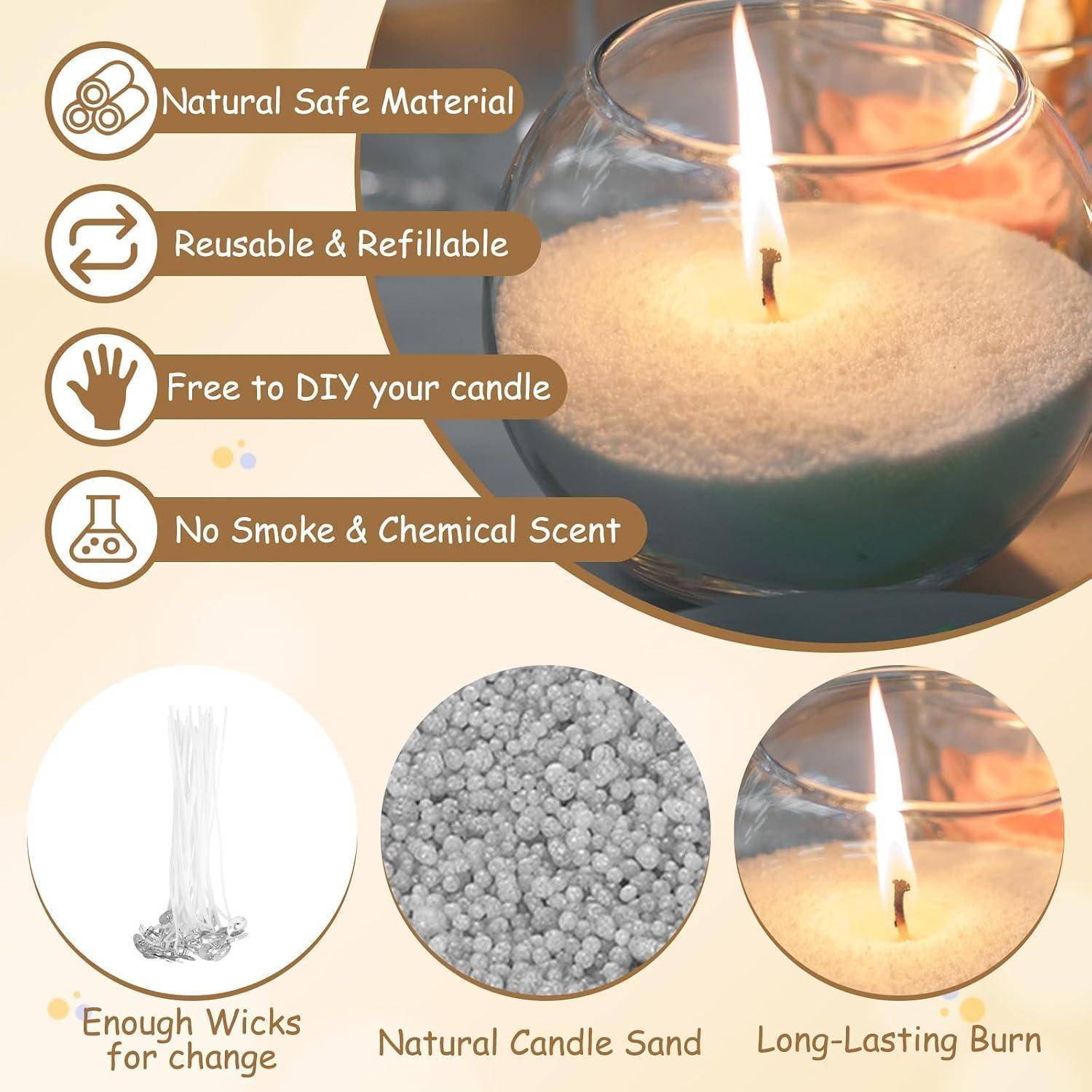 Werbegrafik für Kerzensand mit einer brennenden Kerze in einer Glassschale und Beschriftungen: „Natürliches sicheres Material
