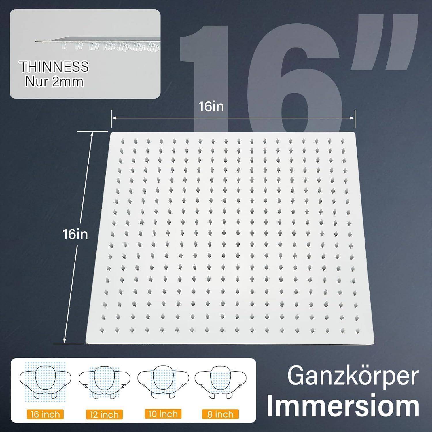 Werbebild eines quadratischen Duschkopfs mit 40 cm Seitenlänge, 2 mm dünn, zeigt vollständige Körperbenetzung und Größenvergleiche für Modelle mit 40, 30, 25 und 20 cm Seitenlänge.