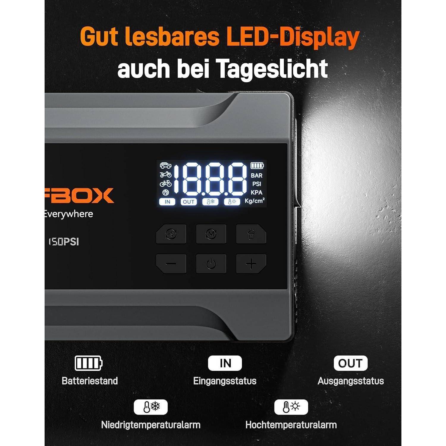 WOLFBOX 2000A Starthilfe Powerbank für PKW mit Luftkompressor 150 PSI, 10000 mAh Kapazität, für 5L mit LED-Bildschirm und 200 Lumen Notlicht 2000A&