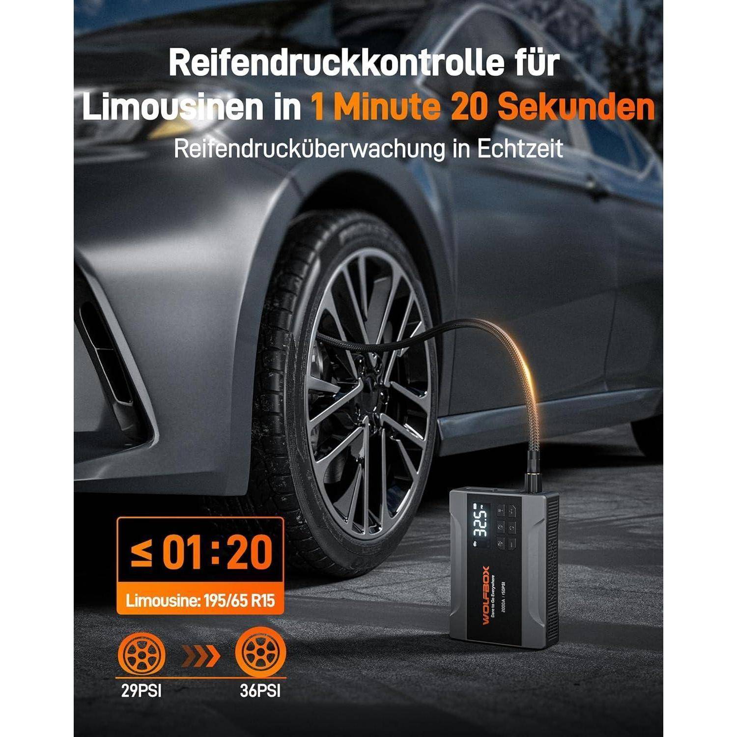 WOLFBOX 2000A Starthilfe Powerbank für PKW mit Luftkompressor 150 PSI, 10000 mAh Kapazität, für 5L mit LED-Bildschirm und 200 Lumen Notlicht 2000A&