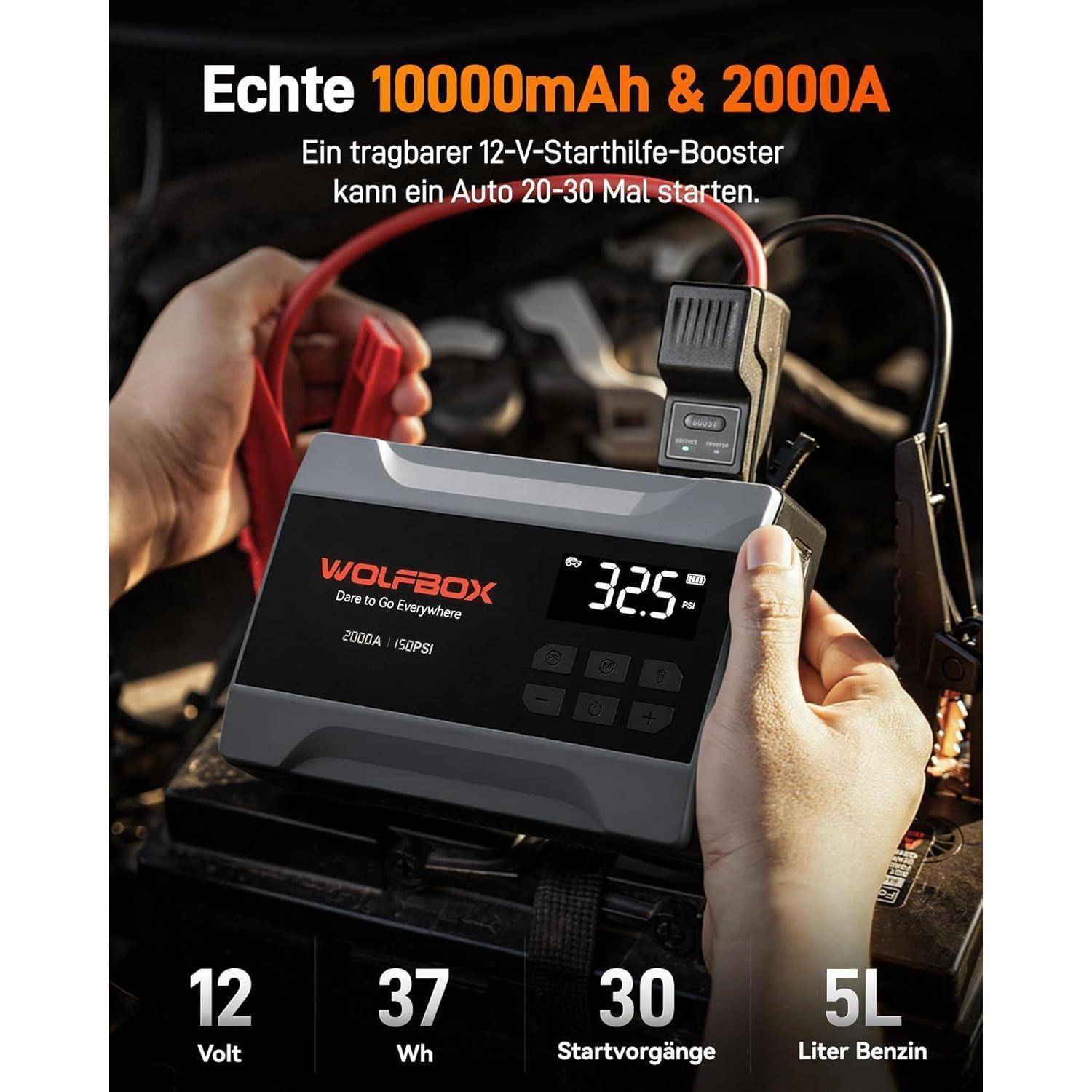 WOLFBOX 2000A Starthilfe Powerbank für PKW mit Luftkompressor 150 PSI, 10000 mAh Kapazität, für 5L mit LED-Bildschirm und 200 Lumen Notlicht 2000A&