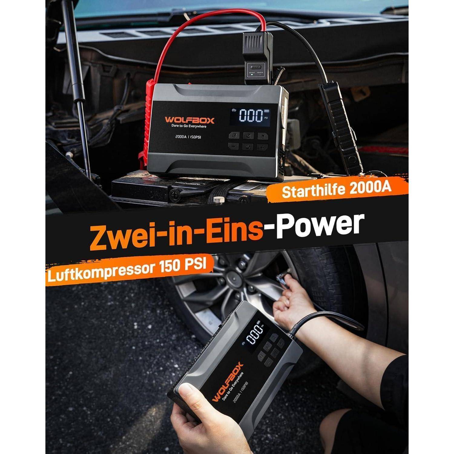 WOLFBOX 2000A Starthilfe Powerbank für PKW mit Luftkompressor 150 PSI, 10000 mAh Kapazität, für 5L mit LED-Bildschirm und 200 Lumen Notlicht 2000A&