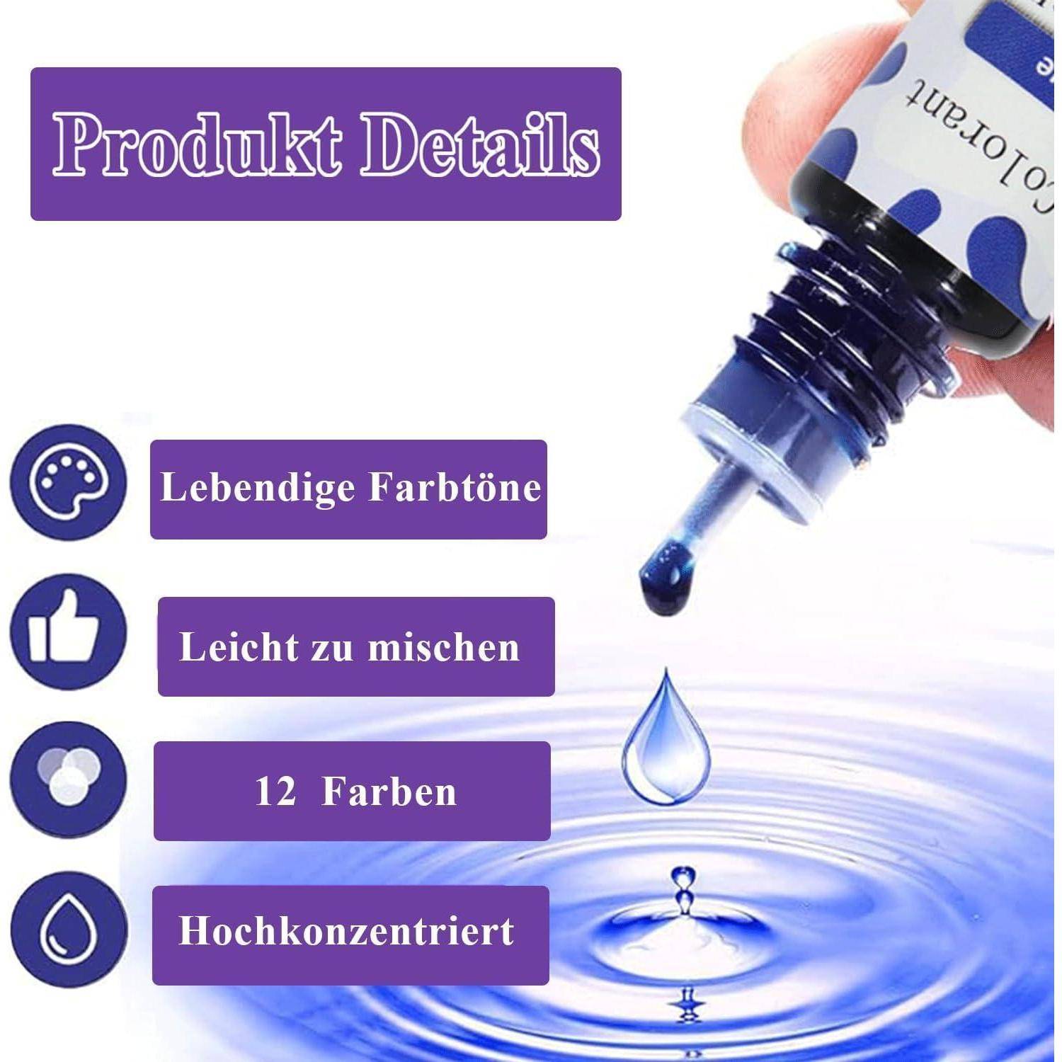 Produktdetails-Grafik für blaue Flüssigfarbstoff: lebendige Farben, einfache Mischbarkeit, 12 Farben und hochkonzentriert.