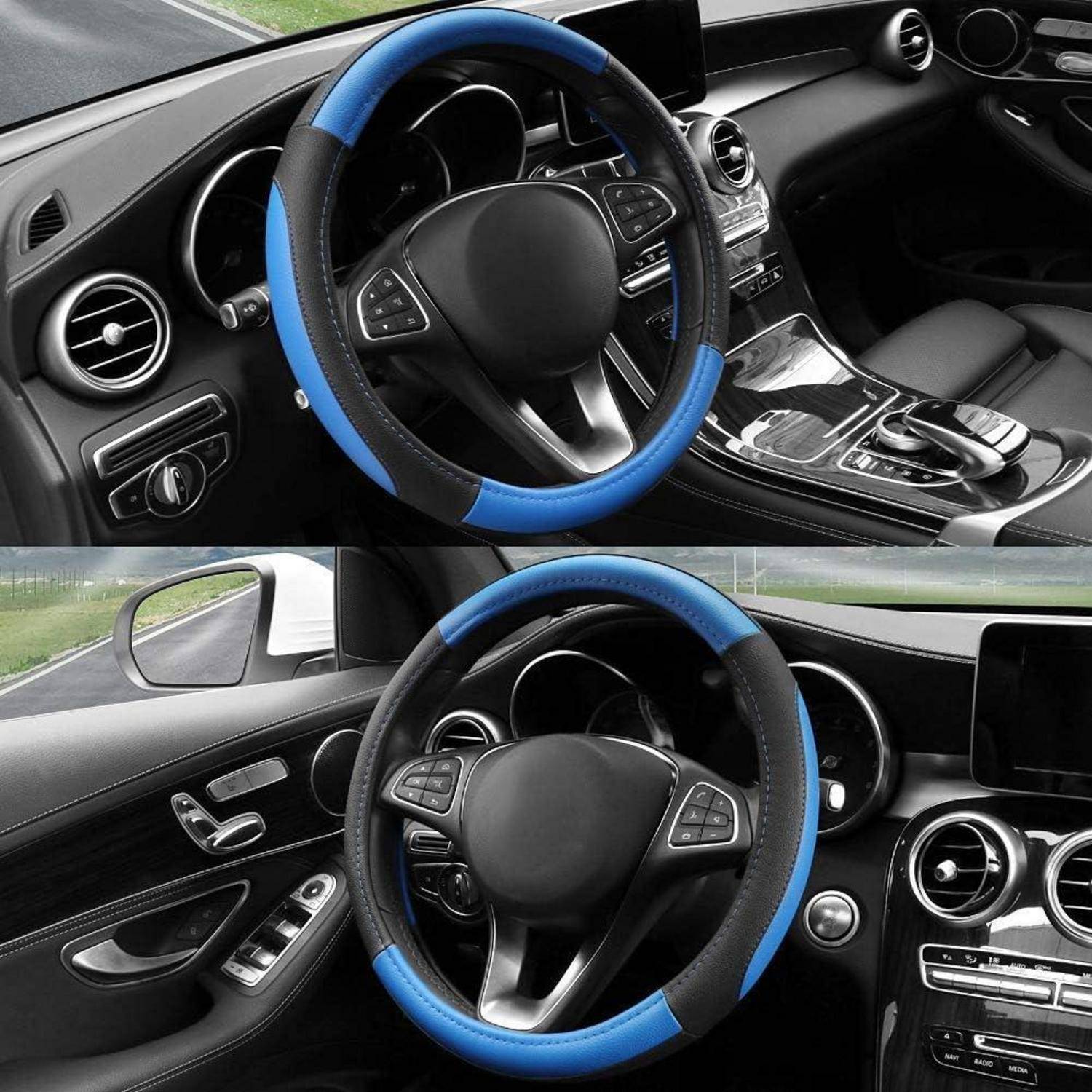 Zwei Ansichten eines Autoinnenraums mit einer schwarz-blauen Lenkradabdeckung, die das Armaturenbrett, die mittlere Mittelkonsole und die Türsteuerungen zeigen.