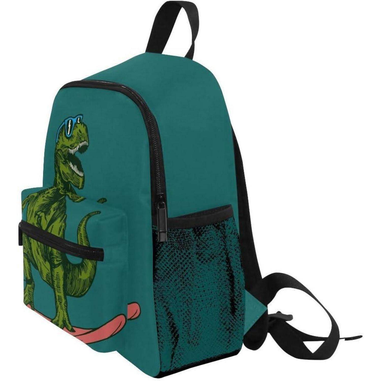 Türkiser Rucksack mit grüner Dinosaurier-Grafik auf der vorderen Tasche, schwarzen Reißverschlüssen, seitlicher Netztasche und Schultergurten.
