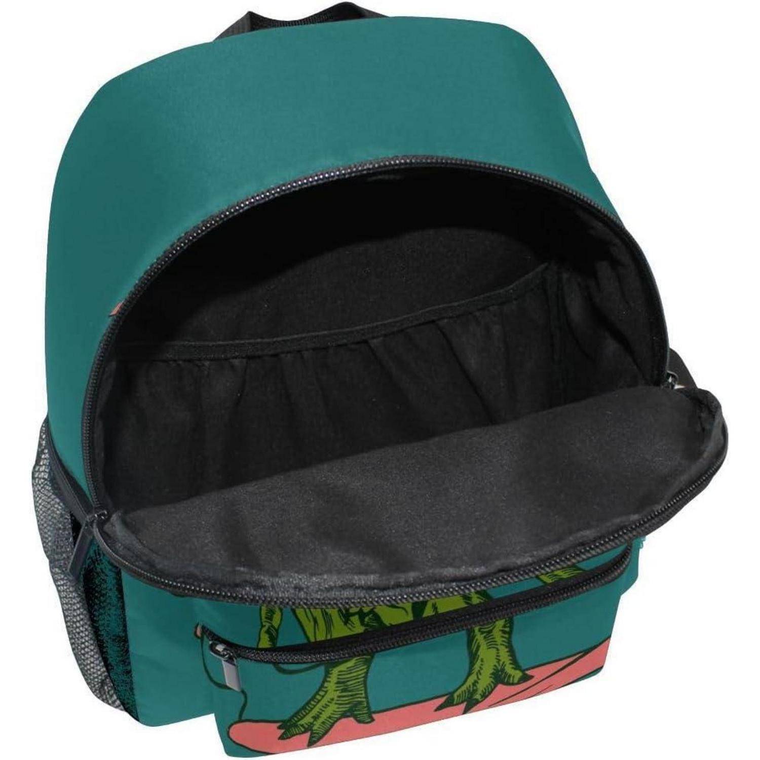 Türkisfarbener Rucksack mit offenem vorderen Fach und schwarzem Inneren, mit seitlicher Netztasche und einem Cartoon-Baum-Design auf der unteren Vorderseite.