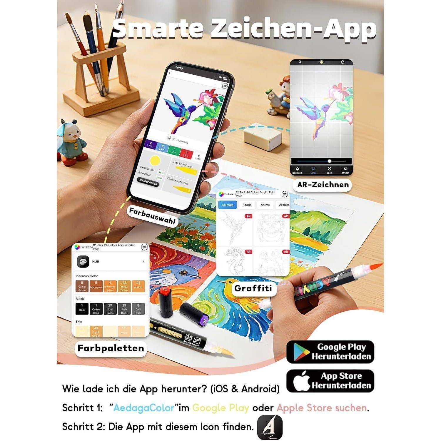 AEDAGA 24 Acrylstifte mit App, 48 Farben Doppelspitze Acrylic Marker Set | Automatische Tintensteuerung | Vielseitig einsetzbar | Farbcode | Starke