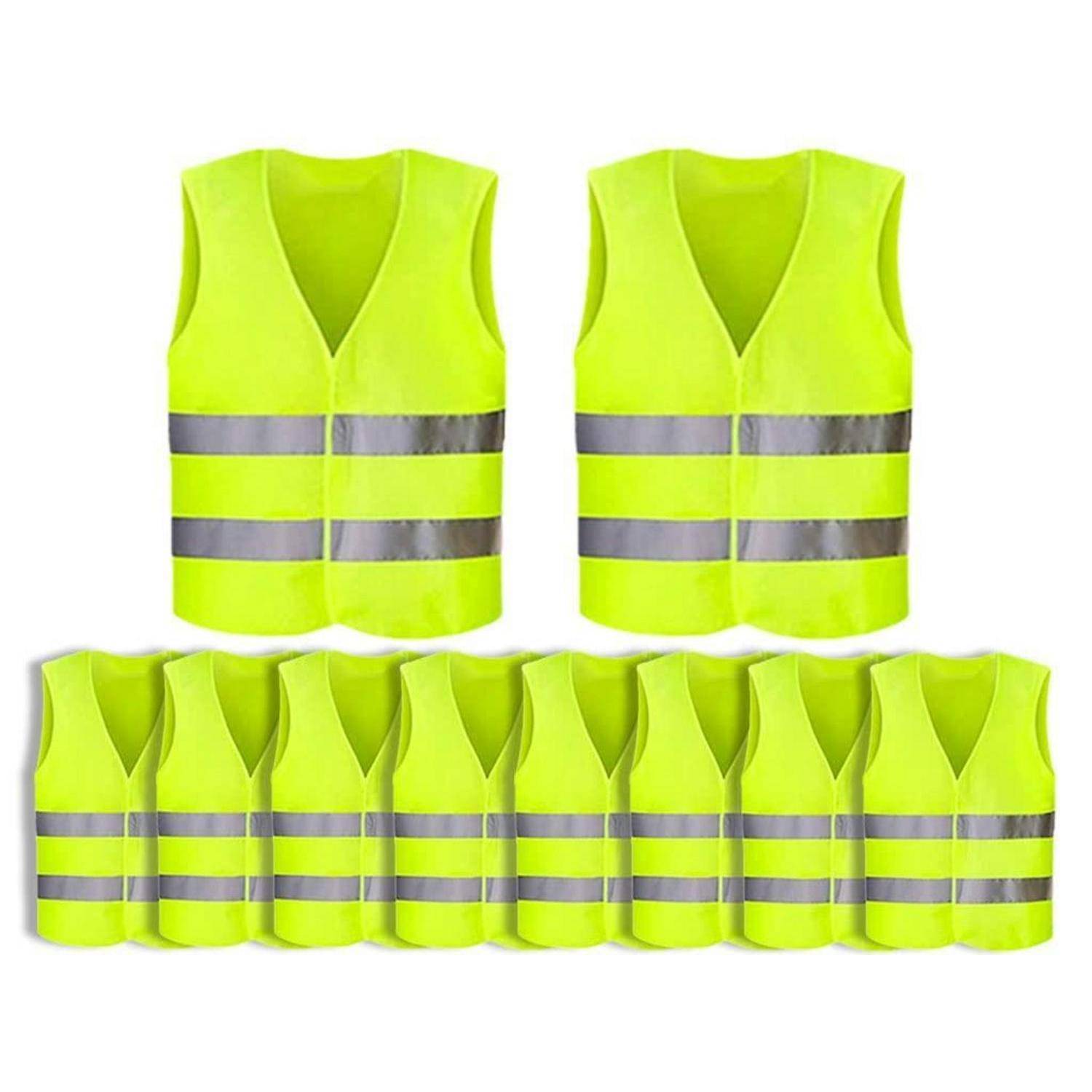 Leuchtend gelbe reflektierende Sicherheitswesten in zwei größeren Größen oben abgebildet und eine Reihe kleinerer Westen unten, wahrscheinlich ein Größenset oder Großpackung.