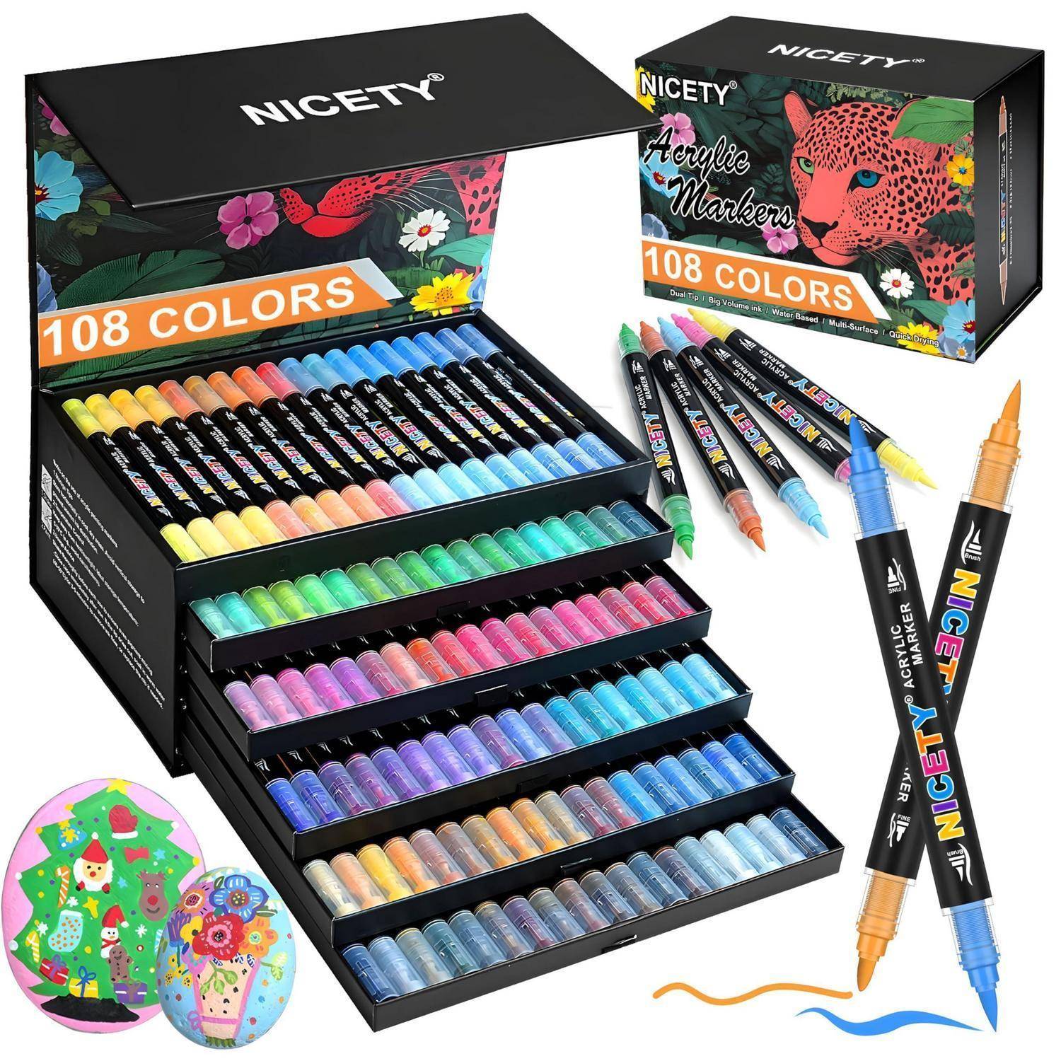 Satz mit 108 Nicety-Acrylmarkern in einer schwarzen Displaybox mit verschiedenen Farbmustern und außerhalb der Verpackung gezeigten Markern.