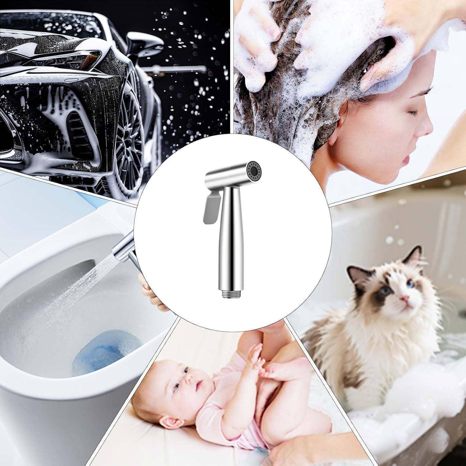 Tragbarer Bidet-Sprayer, dargestellt als Reinigungswerkzeug für Autos, Haarwäsche, Babypflege, Haustiere und Toilettenhygiene.