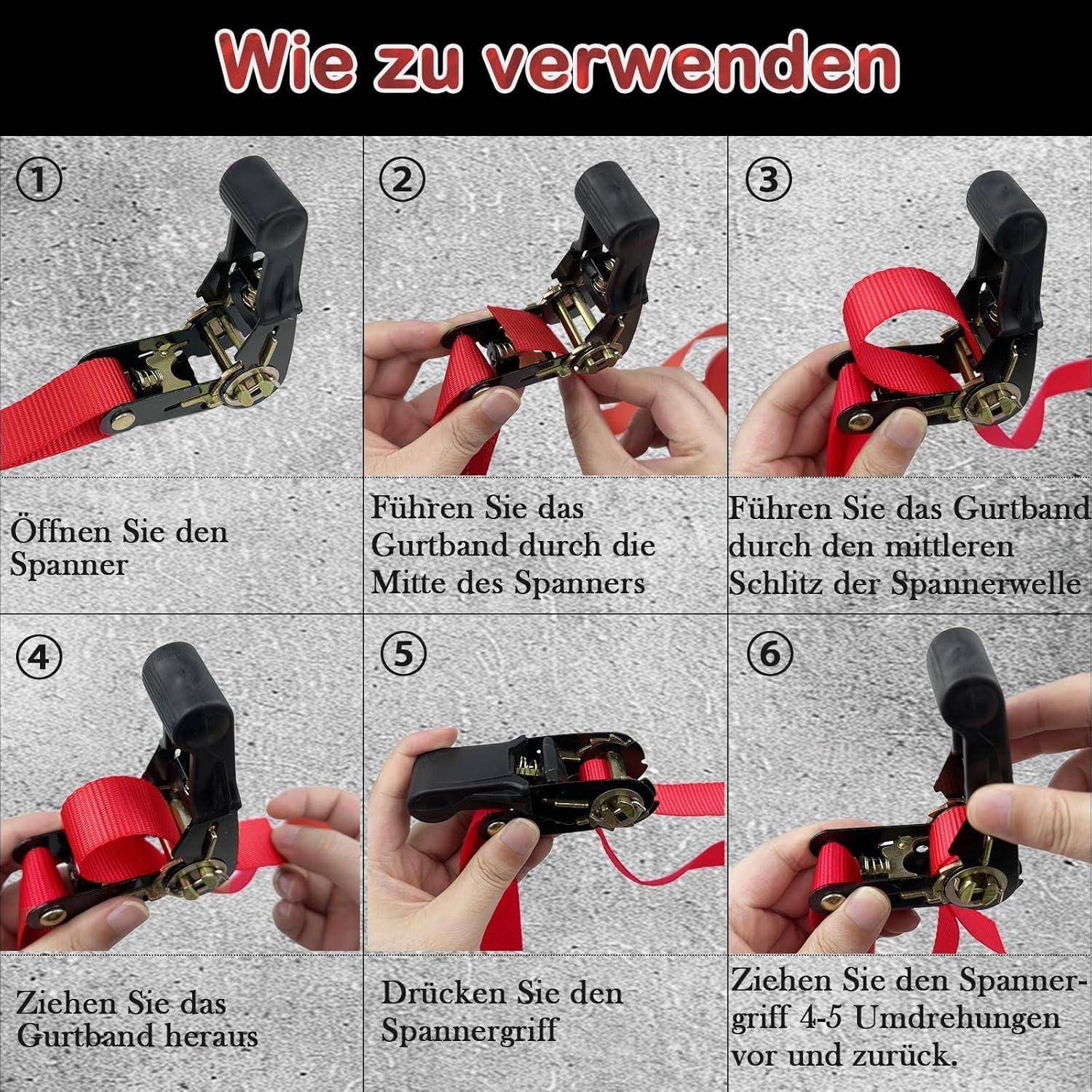 Spanngurte mit Ratsche 4Pack, 4 x 800KG Spanngurte mit Haken, 6M x 25mm Zurrgurte mit Ratsche für Motorräder, Auto, Anhänger, Ladungen, Haushalt Ro