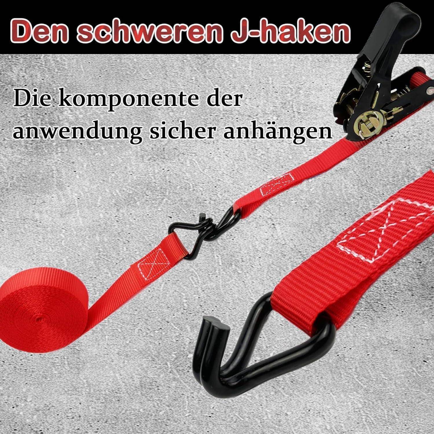 Rote Zurrgurt mit schwerem J-Haken, gezeigt als sicherere Methode zur Ladungssicherung; deutscher Text sagt „Den schweren J-Haken