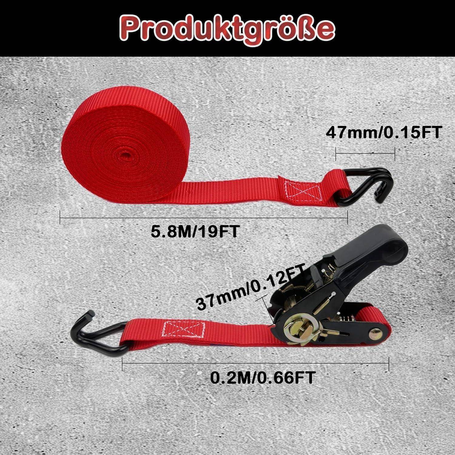 Produktgrößen-Diagramm mit einem aufgerollten und ausgestreckten roten Ratschengurt, schwarzen Metallhaken und gekennzeichneten Abmessungen: 5,8 m, 0,2 m, 47 mm und 37 mm.