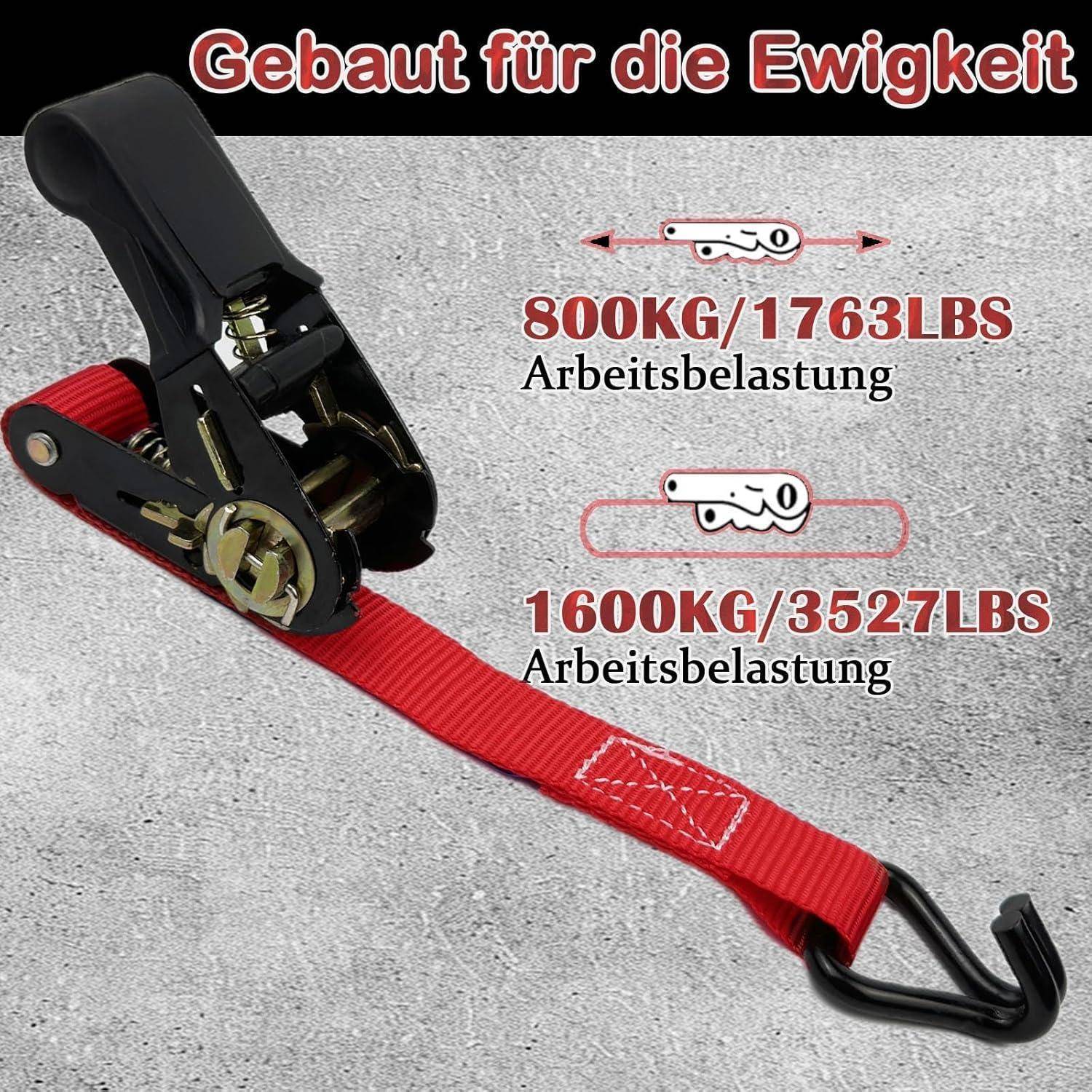 Spannratsche mit rotem Gurtband und schwarzen Haken, beschriftet mit „Gebaut für die Ewigkeit
