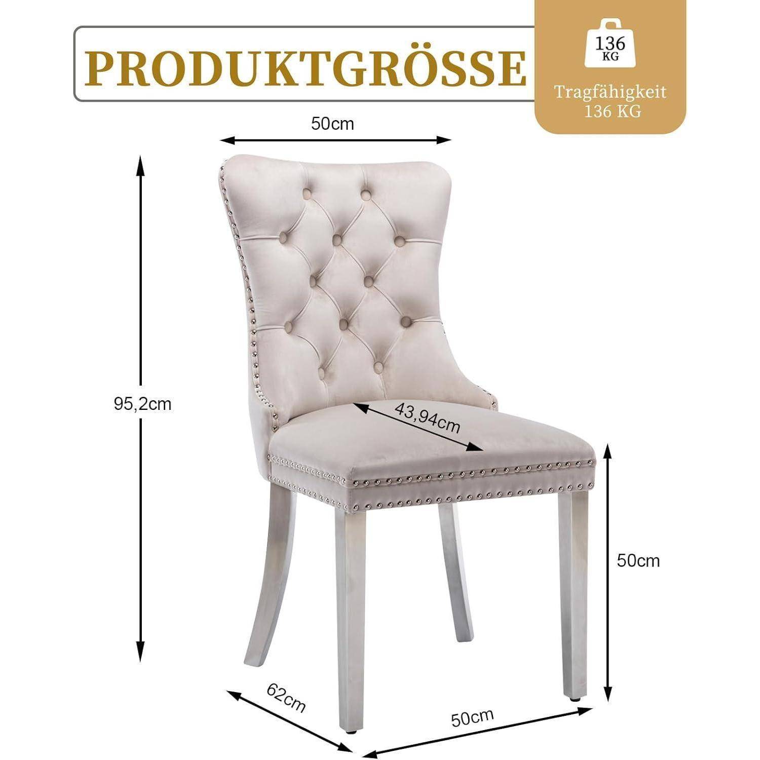 Shenyon Samt-Esszimmerstühle 6er Set, Küchenstühle 6er Set, gepolsterte Stühle mit hoher Rückenlehne, Nieten Dekoration und silbernen Edelstahlbe
