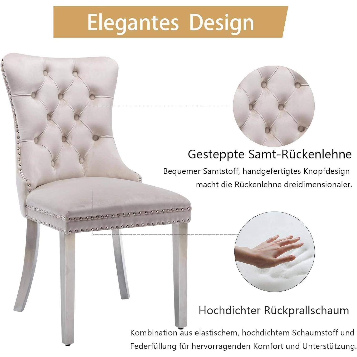 Shenyon Samt-Esszimmerstühle 6er Set, Küchenstühle 6er Set, gepolsterte Stühle mit hoher Rückenlehne, Nieten Dekoration und silbernen Edelstahlbe