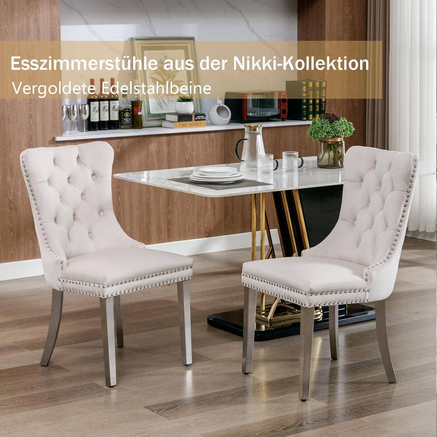 Shenyon Samt-Esszimmerstühle 6er Set, Küchenstühle 6er Set, gepolsterte Stühle mit hoher Rückenlehne, Nieten Dekoration und silbernen Edelstahlbe