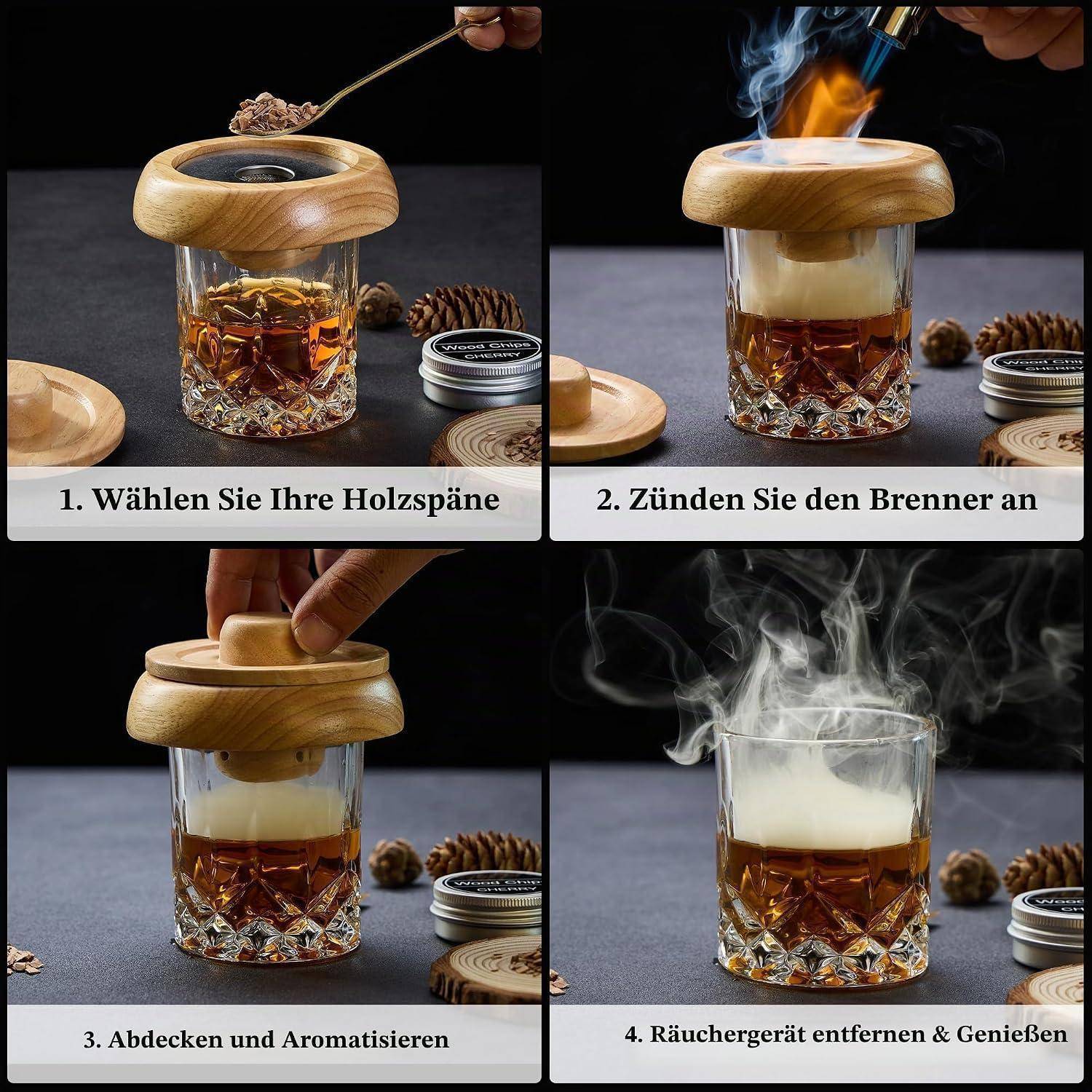 Vierschrittiges Fotocollage, das einen hölzernen Rauchinfizierer auf einem Glas mit Getränk zeigt: Holzspäne hinzufügen, Brenner entzünden, abdecken zum Infundieren, dann entfernen und ein geräuchertes Getränk genießen.