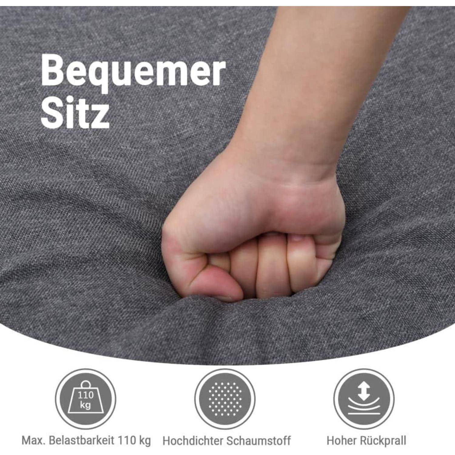 Eine Faust drückt in ein graues Sitzkissen eines Stuhls mit der Beschriftung „Bequemer Sitz