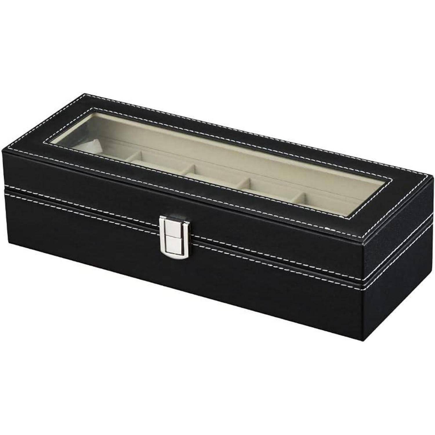 Schwarze rechteckige Uhrenbox mit transparentem Glasdeckel, weißer Nahtbearbeitung und unterteiltem cremefarbenem Innenraum zur Aufbewahrung mehrerer Uhren.