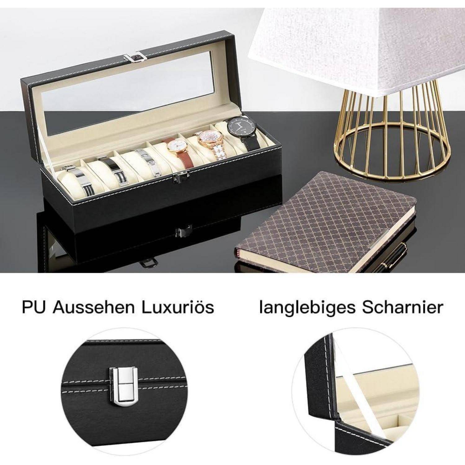 # Schwarze Kunstleder-Uhrenbox mit fünf Uhren im Inneren, plus Nahaufnahmen von einer Verschlussvorrichtung und einem robusten Scharnier; deutsche Textbeschriftungen.