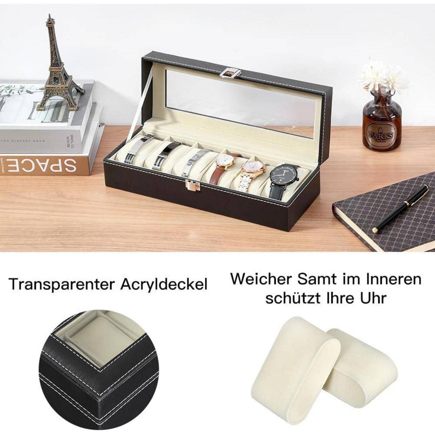 Schwarze Uhr-Aufbewahrungsbox mit Lederoptik, transparentem Acryldeckel und Samtstoff-Innenausstattung, in der mehrere Uhren aufbewahrt werden; deutscher Text hebt die weiche Auskleidung hervor, die diese schützt.