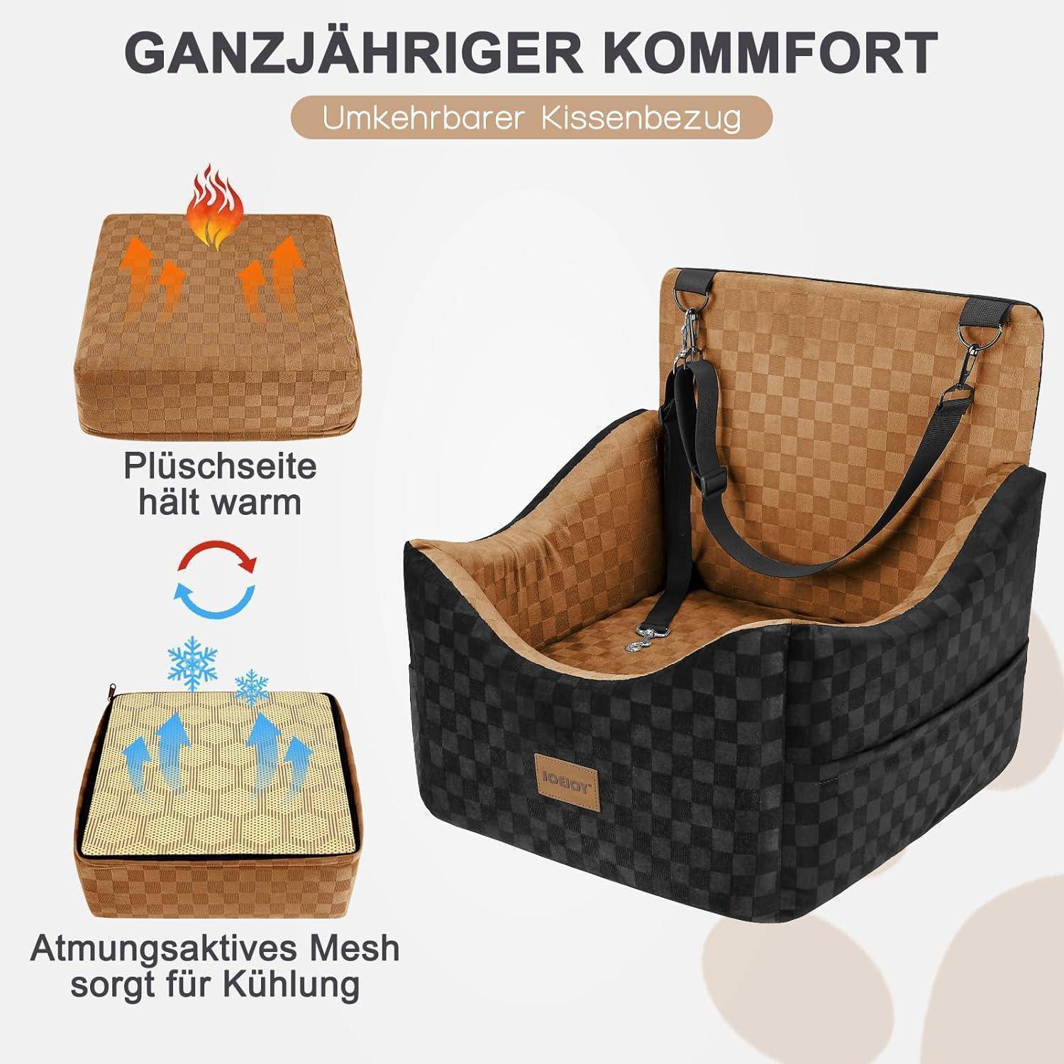 Produktgrafik einer umkehrbaren Autositzbezug für Haustiere: Die Plüschseite hält warm, die atmungsaktive Netzseite kühlt, mit dem Sitz abgebildet in Schwarz und Beige.