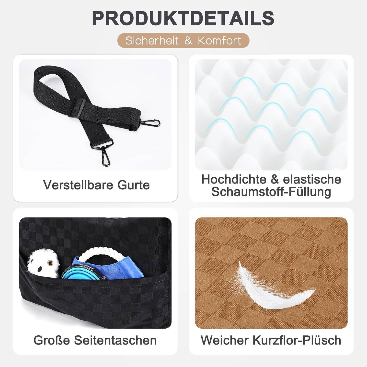Produktdetails für Sicherheit und Komfort: verstellbare Gurte, Schaumstoff-Füllung mit hoher Dichte, große Seitentaschen und weiches Kurzflor-Plüsch.