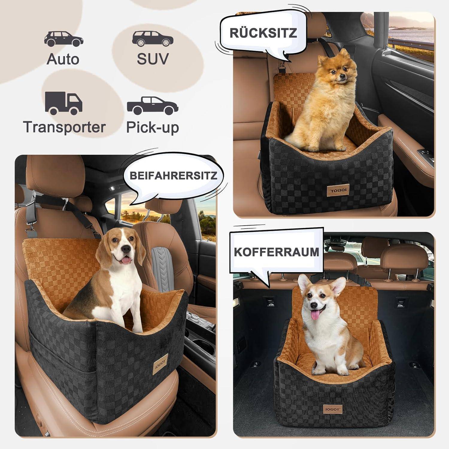 Collage, das einen Haustiersitz für Auto, SUV, Van und Pickup zeigt, mit gekennzeichneten Beispielen für Beifahrersitz, Rücksitz und Kofferraum.