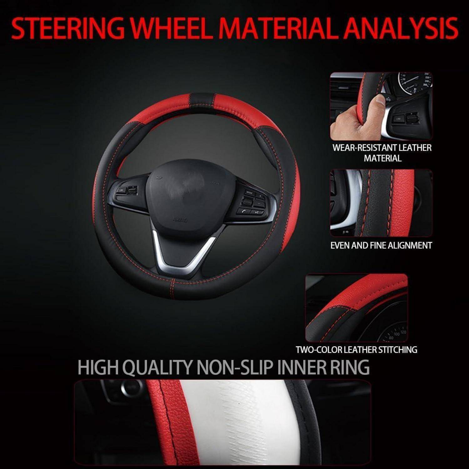 Infografik einer Lenkradbezug-Materialanalyse, die eine rot-schwarze Lederbespannung mit verschleißfestem Leder, feiner Naht und einem hochwertigen rutschfesten inneren Ring zeigt.