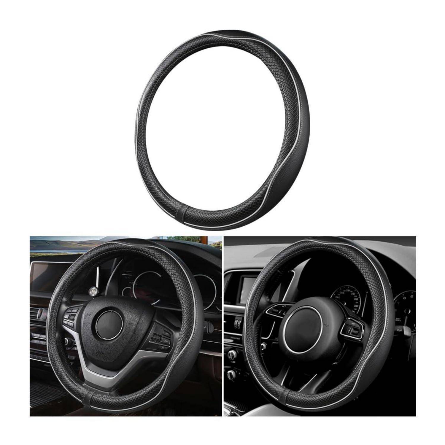 Schwarze Lenkradabdeckung im Karbonfaser-Stil, allein gezeigt und auf einem Auto-Lenkrad in zwei Innenansichten montiert.