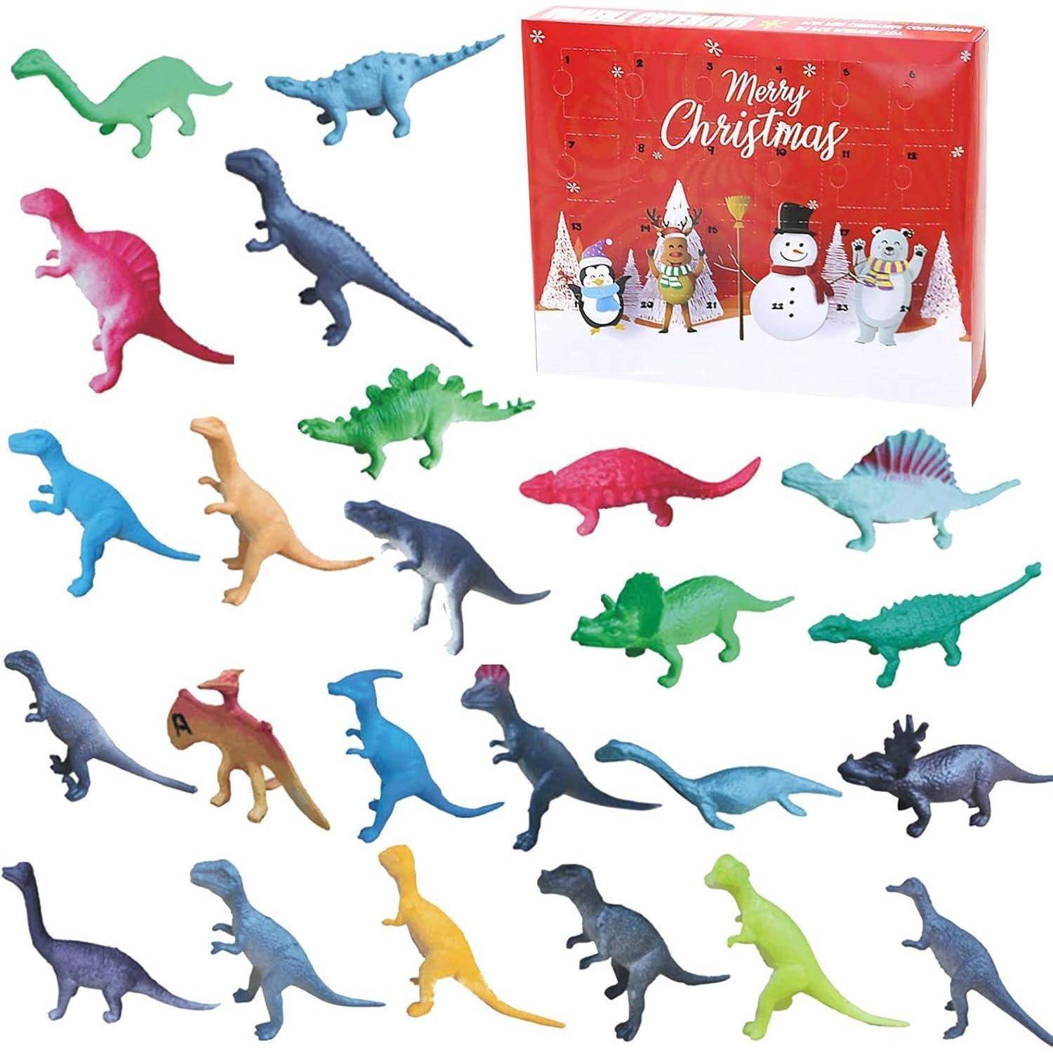 Bunte Kunststoff-Dinosaurierspielzeuge in verschiedenen Farben, die um eine rote Geschenkbox mit der Aufschrift 