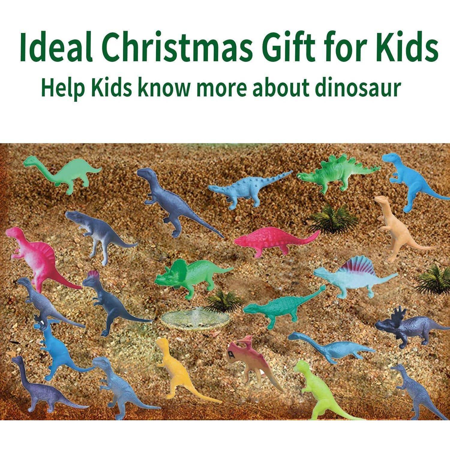 Werbung für ein Dinosaurier-Spielzeugset für Kinder, das viele bunte Spielzeugdinosaurier auf einer sandigen Oberfläche zeigt mit dem Text „Ideales Weihnachtsgeschenk für Kinder
