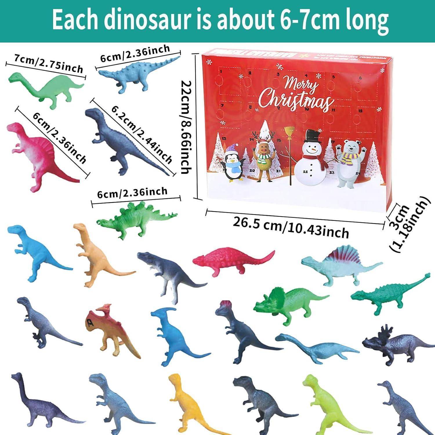 Produktbild mit 16 kleinen Spielzeugdinosauriern und einer Weihnachtsgeschenkbox; der Text besagt, dass jeder Dinosaurier etwa 6-7 cm lang ist und die Box 26,5 x 22 x 3 cm misst.