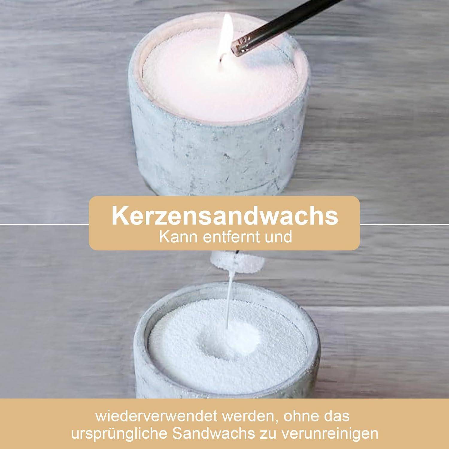 Kerzensandwachs wird aus einem Kerzenhalter entfernt, wobei deutscher Text besagt, dass es entfernt und wiederverwendet werden kann, ohne das ursprüngliche Sandwachs zu kontaminieren.