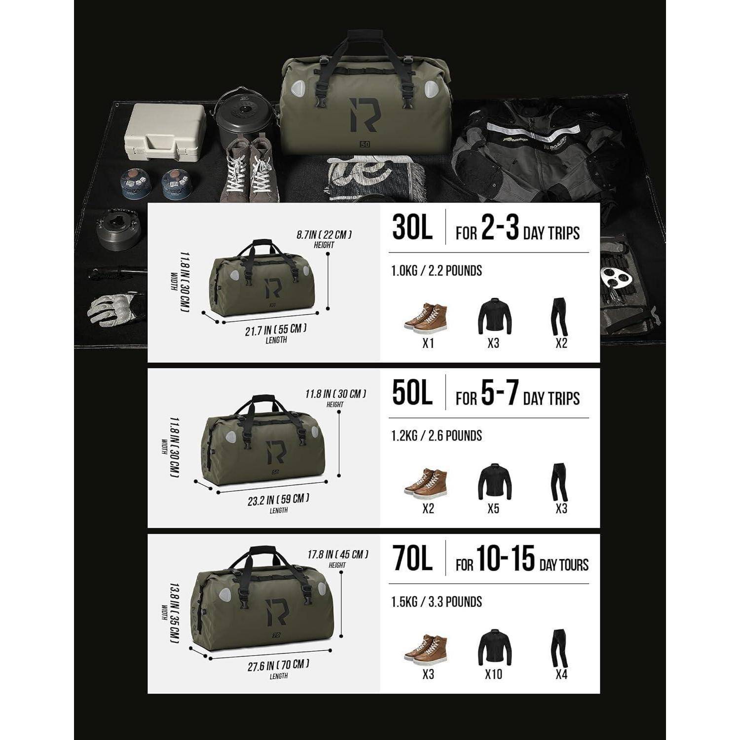 BORLENI Motorrad Hecktasche Gepäckrolle wasserdicht 50L – Premium Motorradtasche mit Rolltop, Reflektoren &amp; MOLLE-System, als Reisetasche/Satteltas