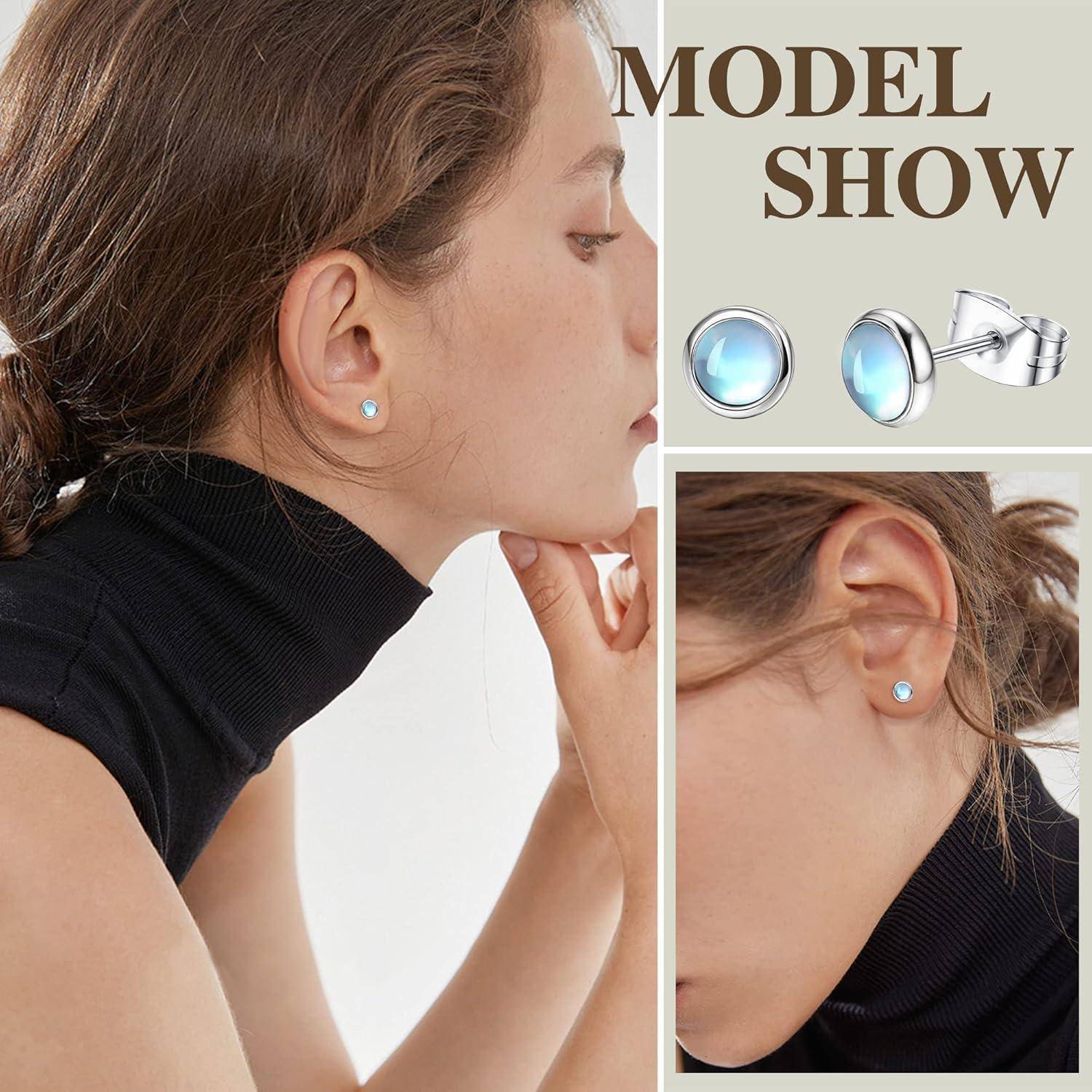 JeweBella 4 Paare Mondstein Opal Türkis Kleine Ohrstecker Set Chirurgenstahl für Damen Mädchen Kinder Hypoallergene Runde Edelstein Ohrstecker Blau
