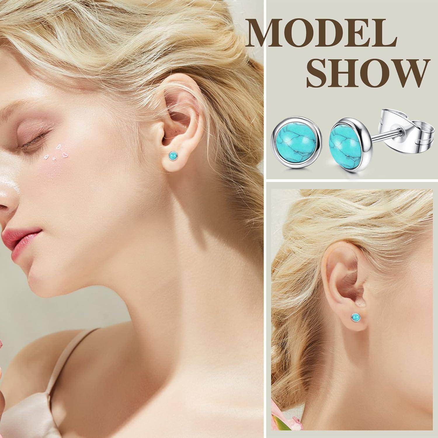 JeweBella 4 Paare Mondstein Opal Türkis Kleine Ohrstecker Set Chirurgenstahl für Damen Mädchen Kinder Hypoallergene Runde Edelstein Ohrstecker Blau