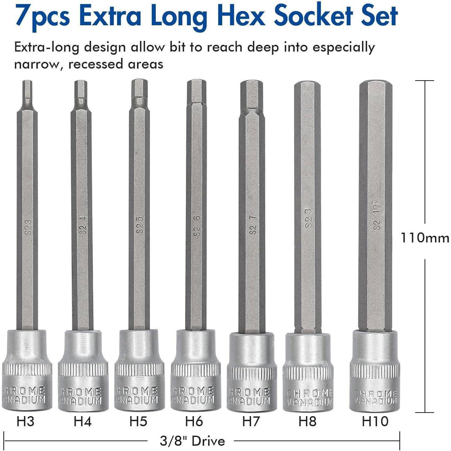 Produktbild von 7 extra-langen Innensechskant-Steckschlüsseln mit den Bezeichnungen H3 bis H10, 110 mm lang, 3/8-Zoll-Antrieb, zum Erreichen tief versenkter Bereiche.