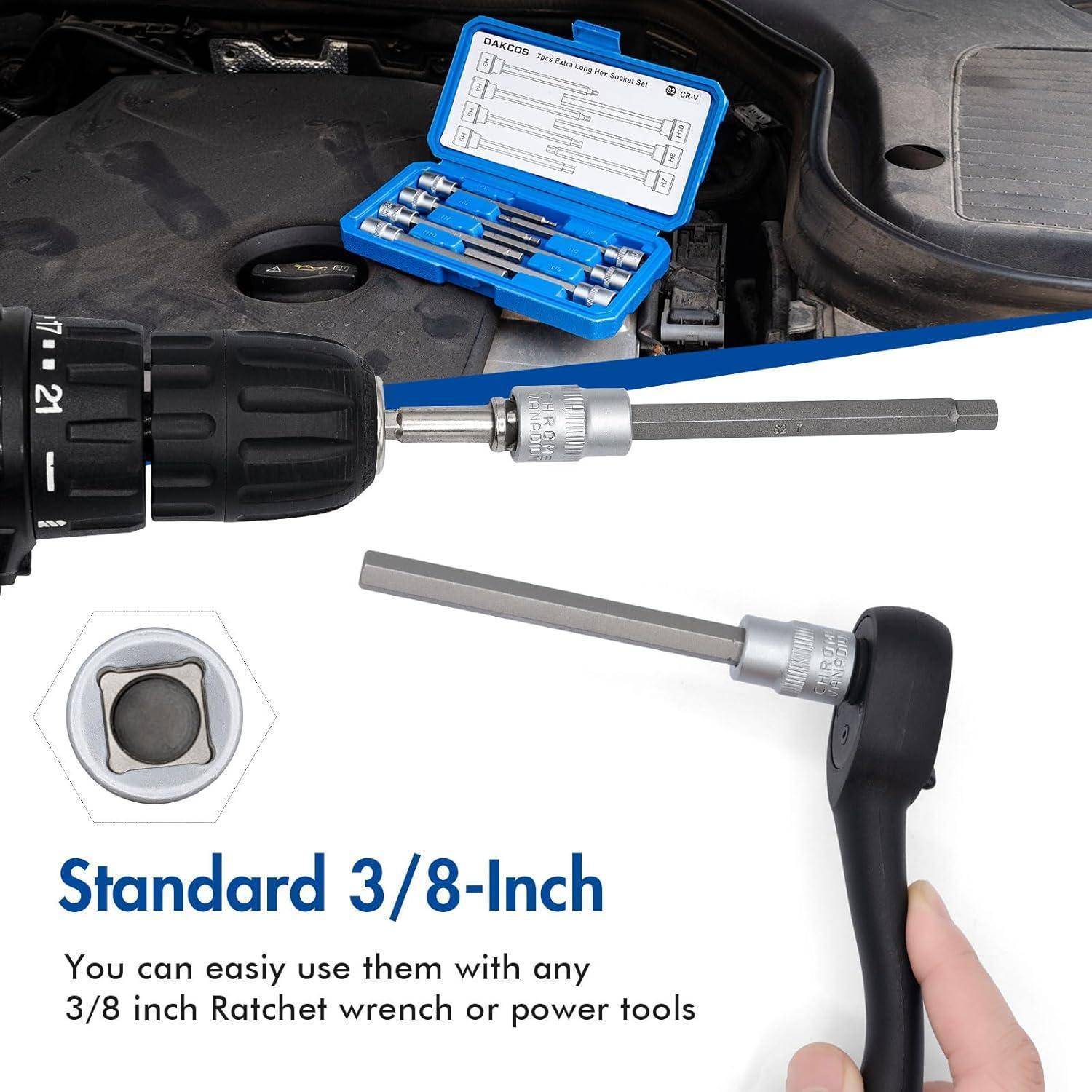 Werbebild, das einen 3/8-Zoll-Steckernadeladapter zeigt, der mit einer Bohrmaschine und einem Ratschenschlüssel verwendet wird, mit einem blauen Koffer mit Aufsätzen und dem Text „Standard 3/8-Zoll