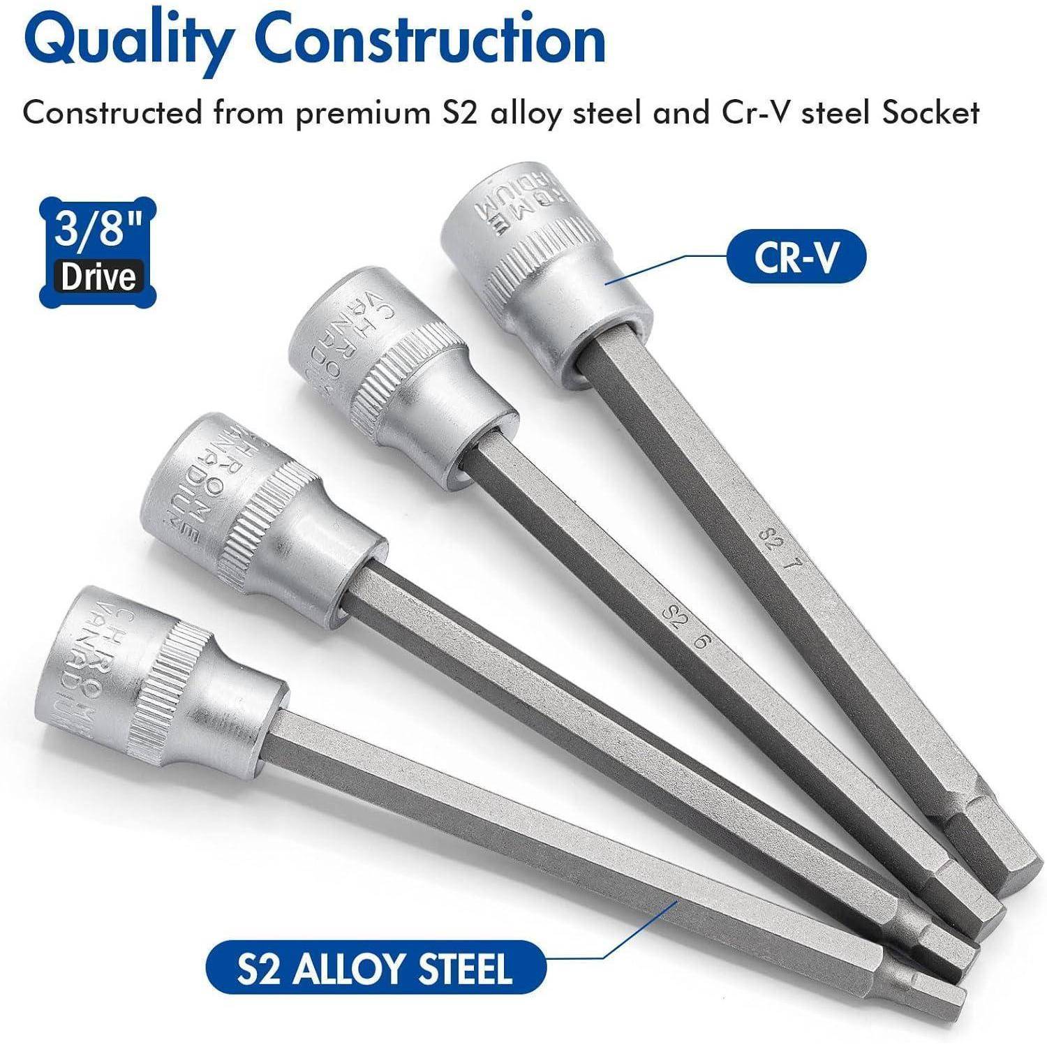 DAKCOS 7tlg langes Sechskant Steckschlüsselsatz 3/8", Hex Bit Socket Set H3 H4 H5 H6 H7 H8 H10 | Nüsse aus CR-V | Bit aus S2 7tlg | langes Sechskant