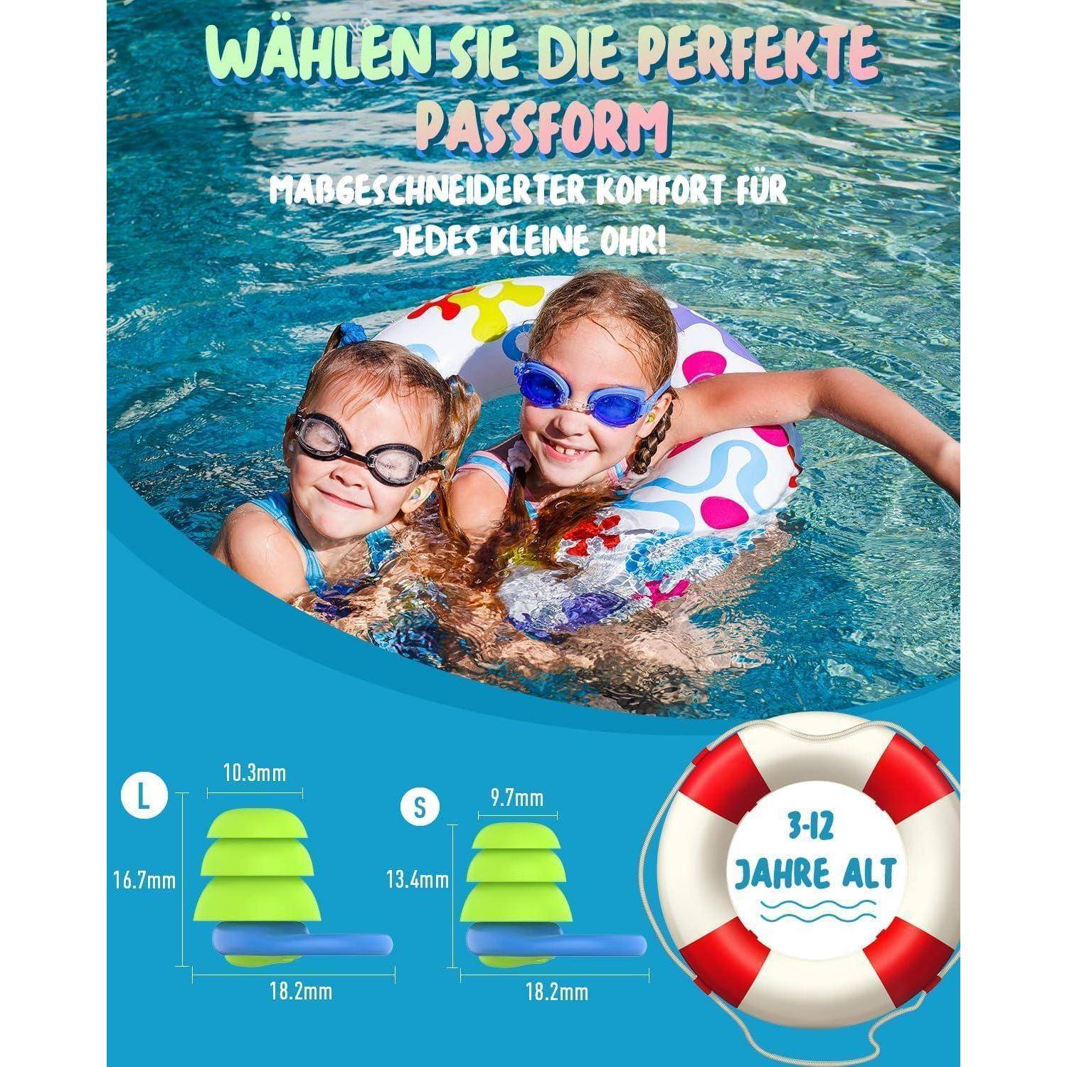 Werbegrafiktext in Deutsch mit zwei Kindern beim Schwimmen mit Schwimmbrillen und Schwimmringen, die maßgefertigte Ohrstöpsel für kleine Ohren mit den Größenoptionen L und S sowie für Kinder im Alter von 3–12 Jahren bewerben.