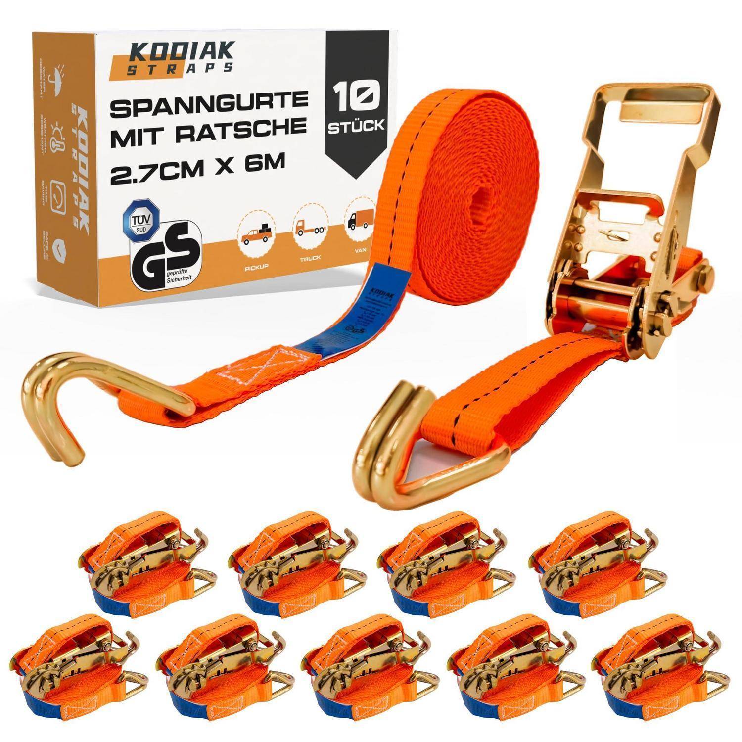 Orange Ratschengurt-Set mit Haken und Spanner, aufgerollt gezeigt mit einem angezogenen Gurt; Verpackung zeigt „10 Stück