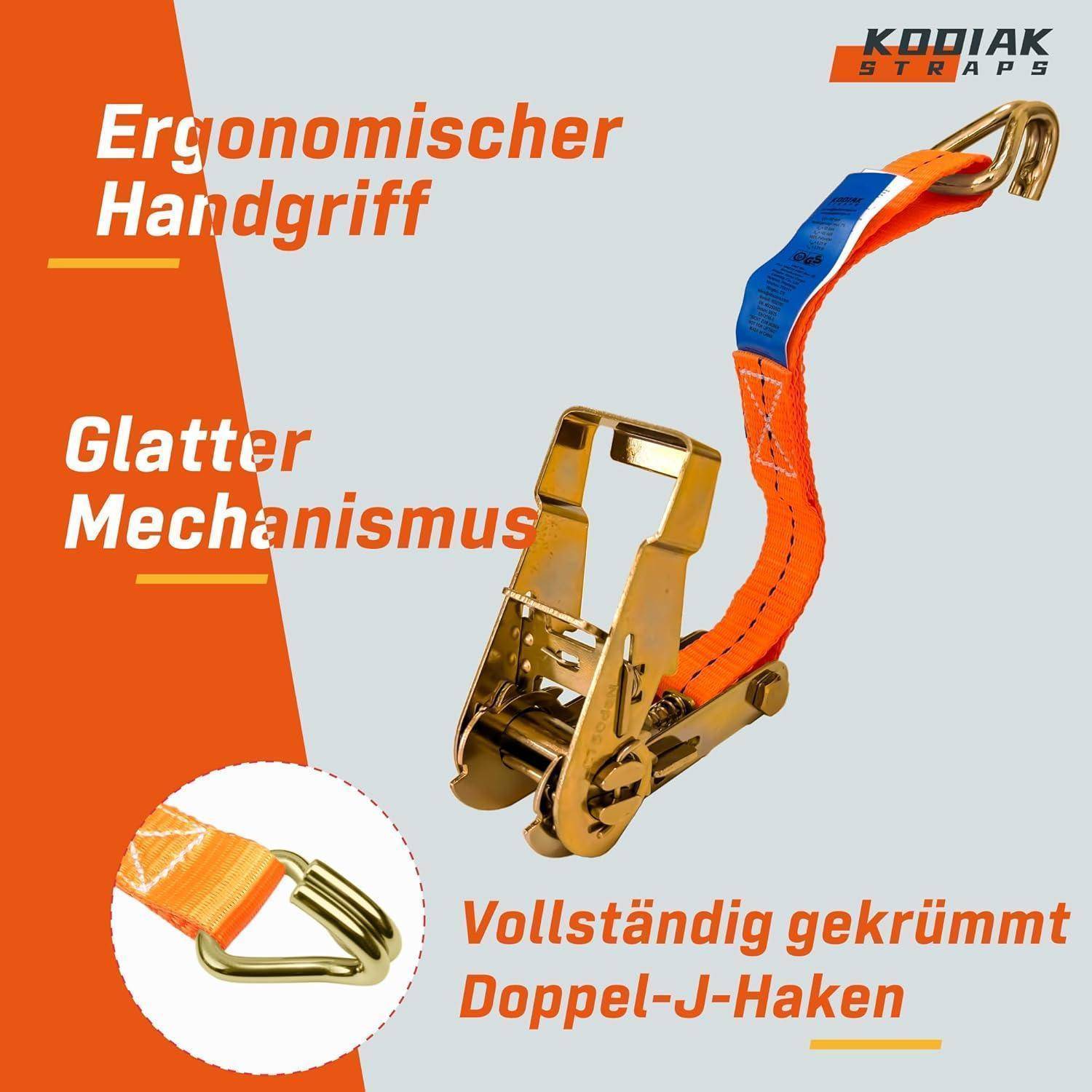4 Stück Spanngurte 6m x 1500kg mit Ratsche und Haken - 27mm Zurrgurte mit Ratsche - Orange Ratschengurt für Ladungssicherung - TÜV/GS geprüft nach