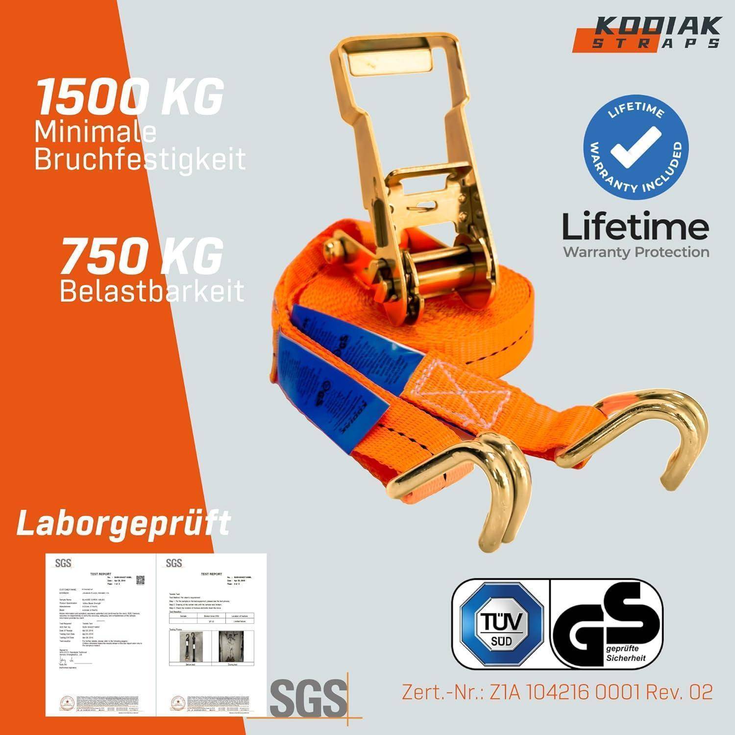 4 Stück Spanngurte 6m x 1500kg mit Ratsche und Haken - 27mm Zurrgurte mit Ratsche - Orange Ratschengurt für Ladungssicherung - TÜV/GS geprüft nach