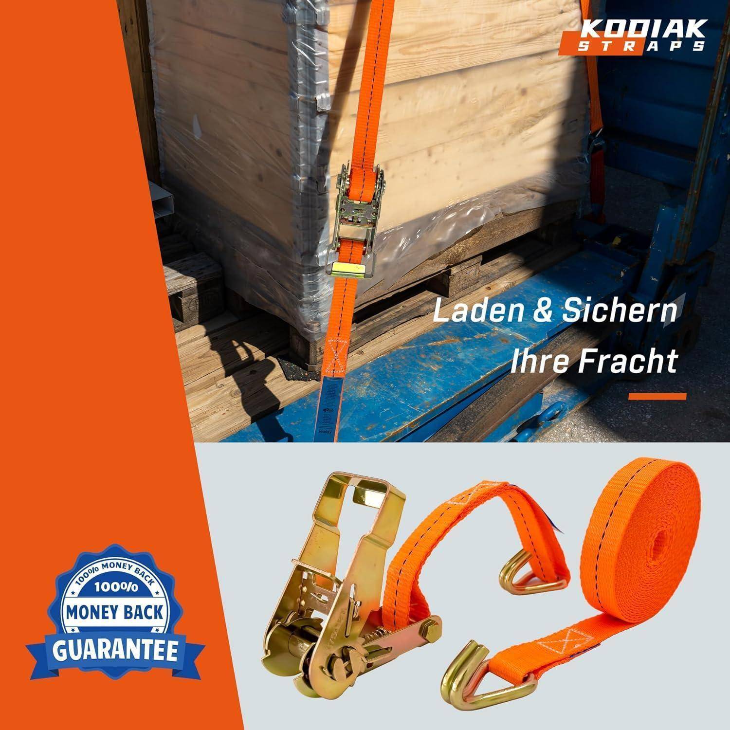 4 Stück Spanngurte 6m x 1500kg mit Ratsche und Haken - 27mm Zurrgurte mit Ratsche - Orange Ratschengurt für Ladungssicherung - TÜV/GS geprüft nach