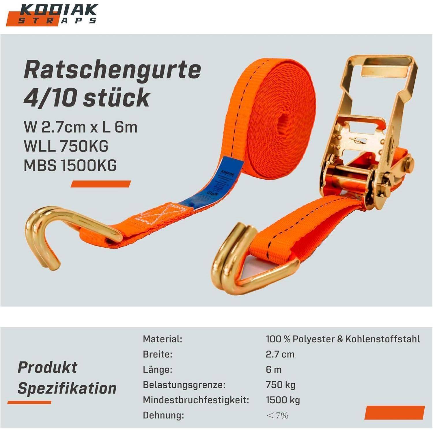 4 Stück Spanngurte 6m x 1500kg mit Ratsche und Haken - 27mm Zurrgurte mit Ratsche - Orange Ratschengurt für Ladungssicherung - TÜV/GS geprüft nach