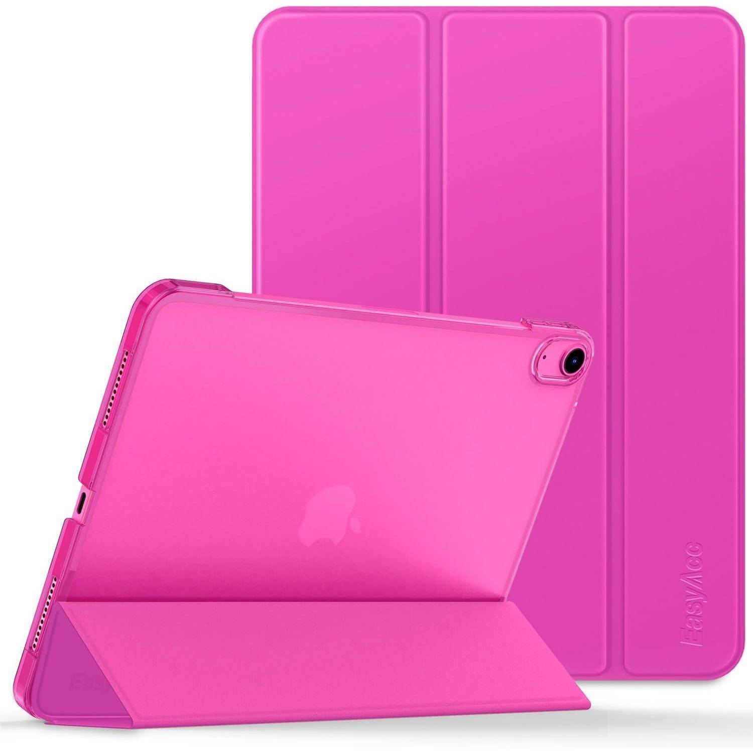 Rosafarbene Tablet-Schutzhülle mit klappbarem Ständer und Aussparung für die Rückfahrtkamera, von vorne und hinten auf weißem Hintergrund dargestellt.